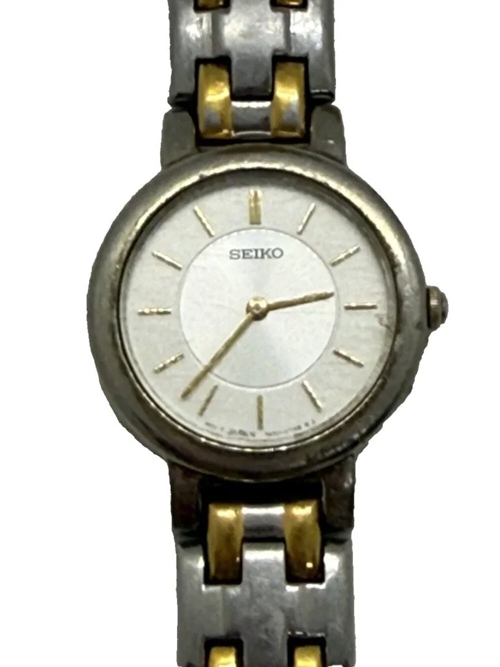 Vtg Seiko Women's Quartz Watch White Dial Two Tone Bracelet Round 1N00-1E19 RO